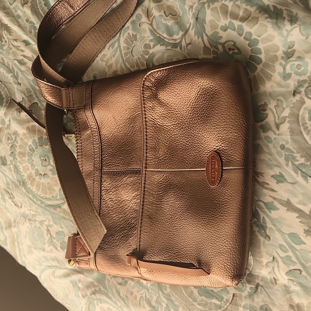 Fossil Morgan Traveler Messenger Crossbody Purse Metallic Brown Leather